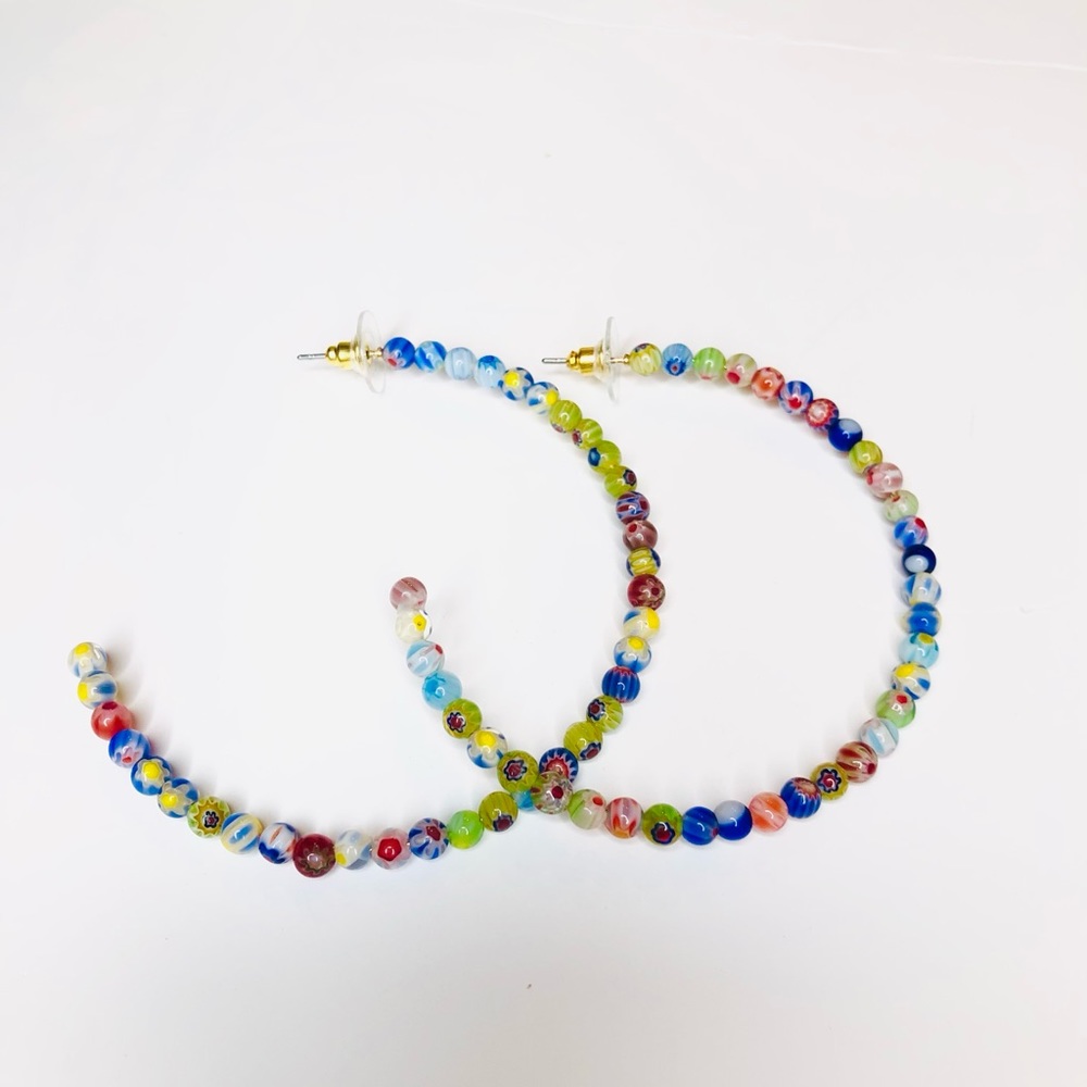 Hoop Earrings Beaded Thin 2” Multi Colored Bohemian New - Picture 3 of 7